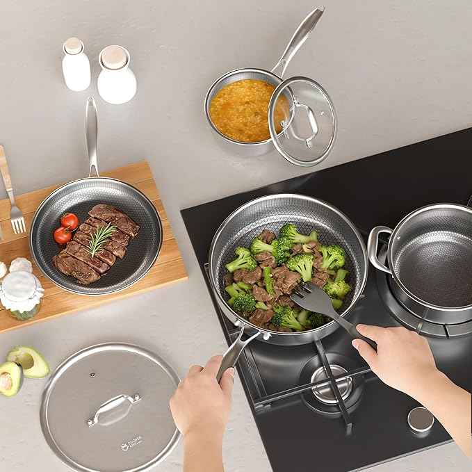 COOKER KING 7 PCS Stainless Steel Cookware Set, Pots and Pans Set Non Stick, Hybrid Cookware,Non-Stick Frying Pan, Saucepan, Saute Pan & Stockpot, Non-Toxic, Oven Safe, Induction Compatible