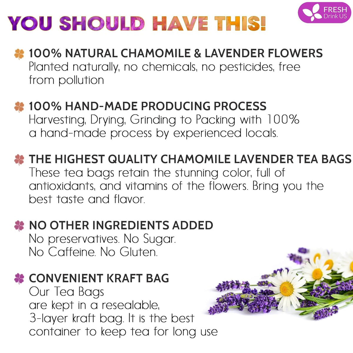 FreshDrinkUS, Premium 60 Chamomile Lavender Tea Bags, Calming Herbal Blend Strong Support for Relaxation & Better Sleep | Naturally Caffeine-Free Bedtime Tea with Soothing Floral Aroma, 100% Natural, Hand-made No Sugar/ Caffeine/ Gluten, Vegan