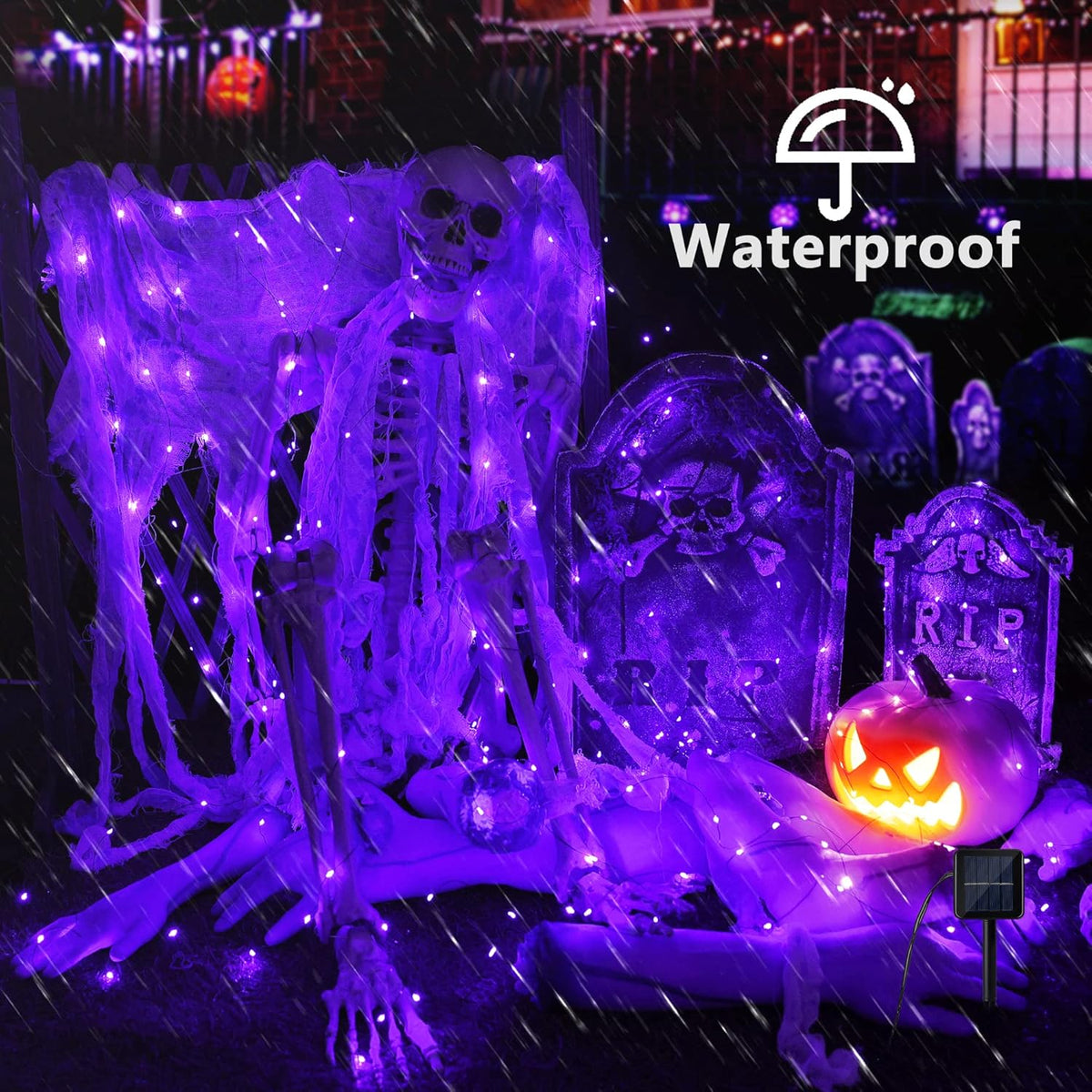 Brizled Halloween Fairy Lights, 2 Pack Total 78FT 240 LED Purple Fairy Lights, 8 Modes Solar Powered Purple Light, Twinkle Outdoor Halloween Light String for Outside Party Home Decor Black Wire
