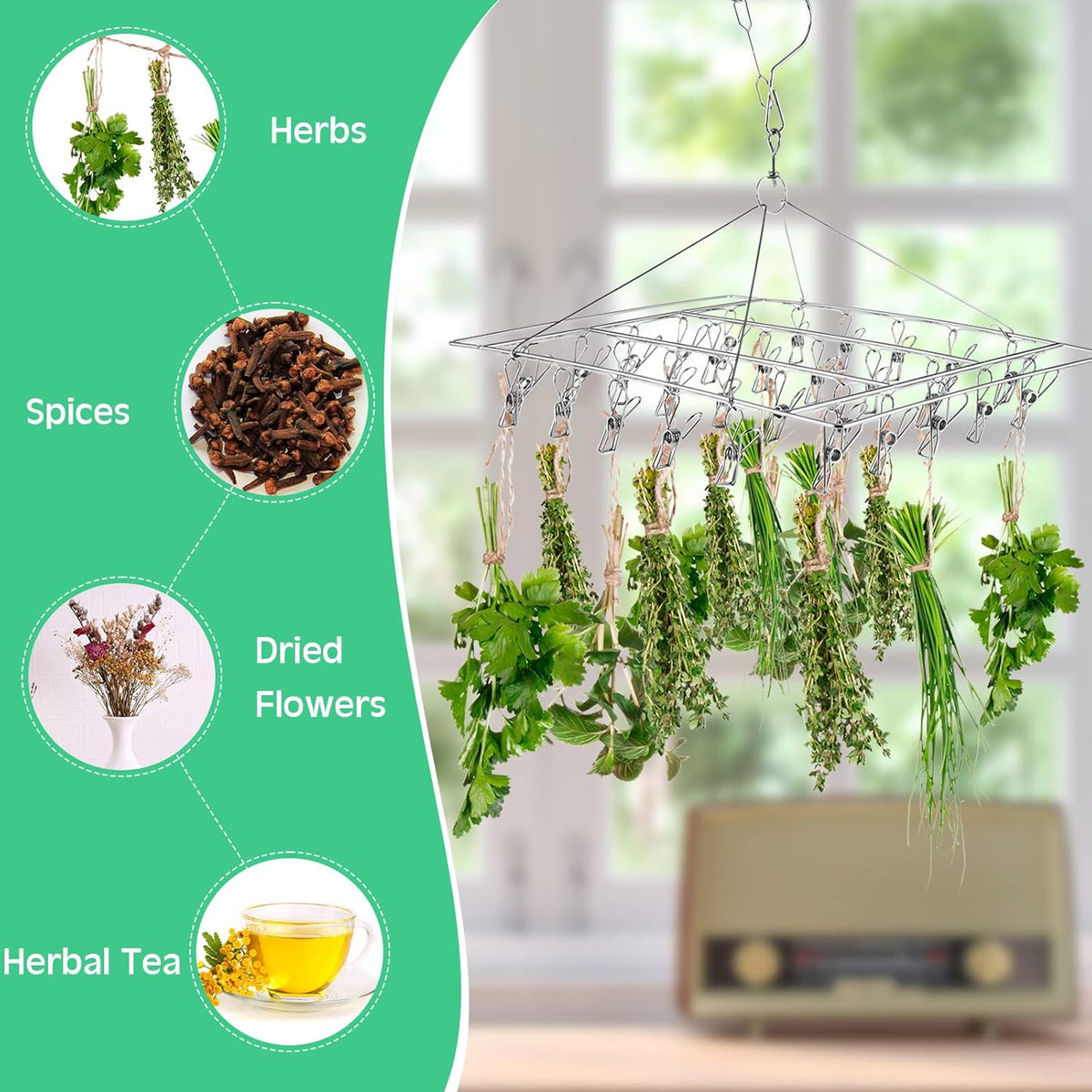 Bokon 4 Pcs Hanging Drying Rack for Herb Macrame Flower with Stainless Clip Dryer Hook for Drying Herb Air Plants Spices Flower Hydroponic Plant Ready to Use with Ceiling Hook(Square)