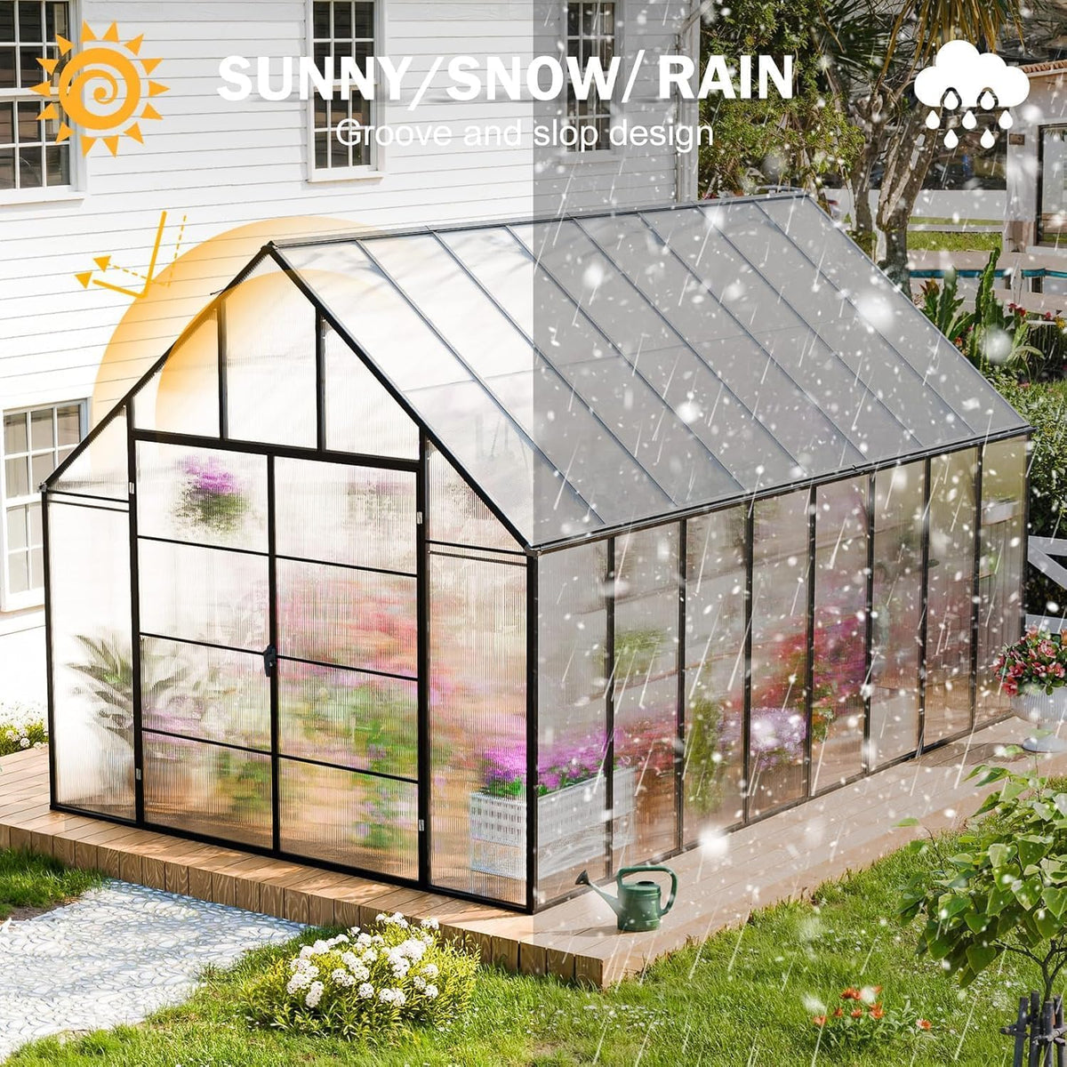 CDCASA 16.5x10.2x10 FT Greenhouse for Outdoors,Easy Assembly Large Polycarbonate Greenhouse Aluminum Greenhouses w/3 Vents Window, Swing Door, Walk-in Green House for Patio, Backyard, Garden, Black