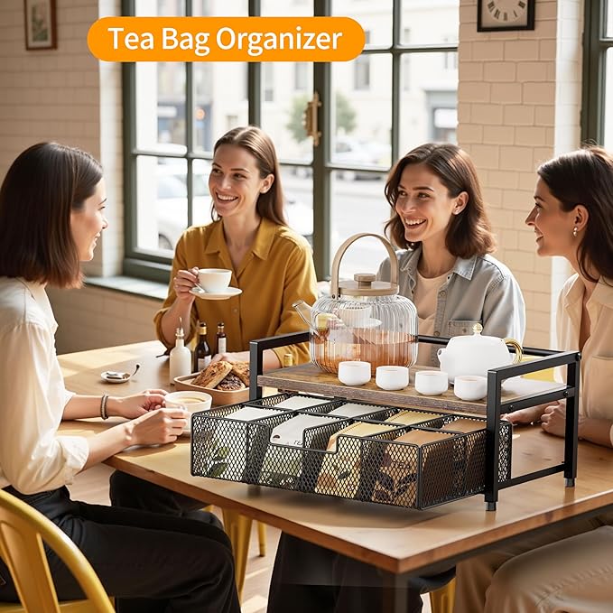 Tea Bag Organizer, Tea Bag Holder with Drawer, Wood and Metal Tea Organizers and Storage Chest for Countertop Kitchen, Office, Rustic Brown