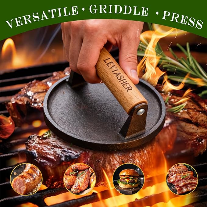 2 Pack 2.2lb Heavy Duty Cast Iron Grill Press, 6.69 inch Smash Burger Press Meat Steak with Wood Handle for Blackstone, Chef, Camp, Panini, Vegetable, Bacon, Sandwich, BBQ, Grid-patterned grill