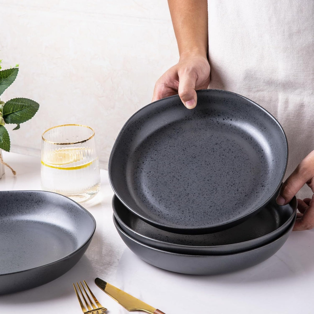 AmorArc Ceramic 9.75 inch Large Flat Pasta Bowls, 38oz Wide Bowls Set of 4 for Kitchen, Oven,Microwave&Dishwasher Safe Bowls with Wavy Rim for Pasta Salad Dinner, Speckled Black