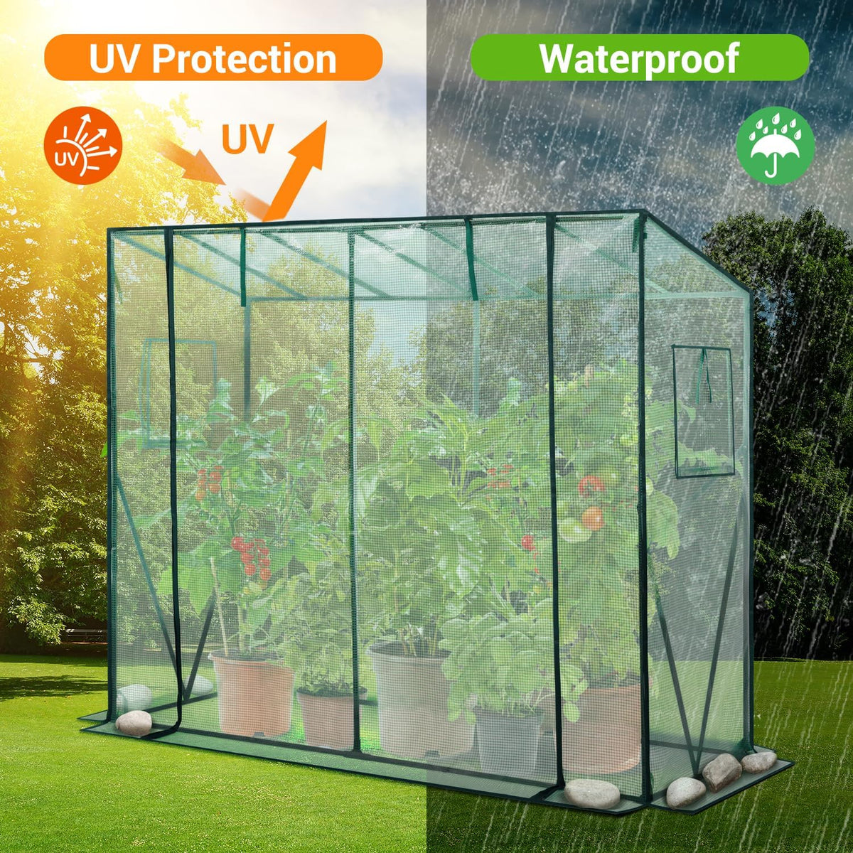 Lean to Greenhouse for Outdoors: Ohuhu Portable Tomato Green House Heavy Duty with Roll-Up Zippered Door, Tall Plastic Greenhouses for Outside Winter Plants Growing Shed for Backyard, 6.6x2.5x5.6 FT