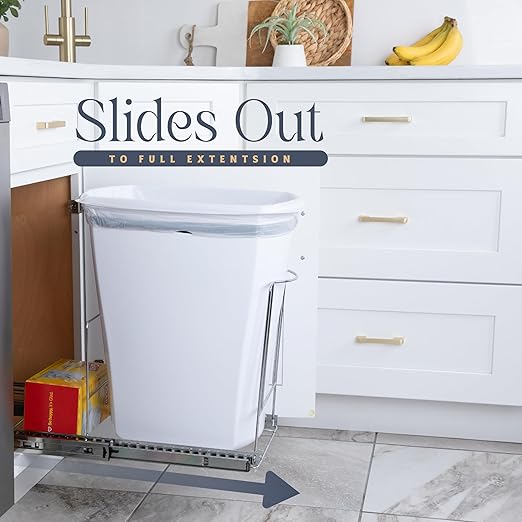 Pull-Out Trash Can for Cabinet - 12 Gal / 48 qt – Heavy-Duty Chrome, Smooth Slide with Trash Bag Storage – Fits 13" Cabinet Opening (Bin Not Included)