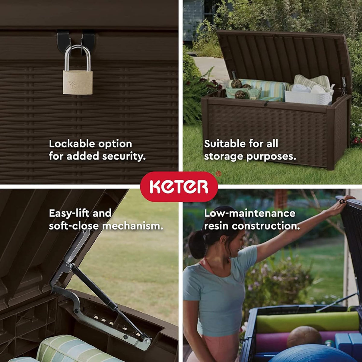 Keter Outdoor Storage Deck Box, for Patio, Backyard & Garden, Borneo, 110 Gallon, Brown - Lockable, Organizing, and Waterproof Plastic Container Bench