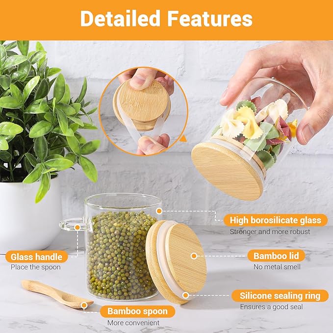 Glass Jars with Airtighr Lids - 6 Pack 6 Fl.oz Round Glass Jar with Bamboo Lid and Spoon, Includes Labels and Marker, Pantry Storage Containers for Spice, Overnight Oat, Sugar Coffee Canister