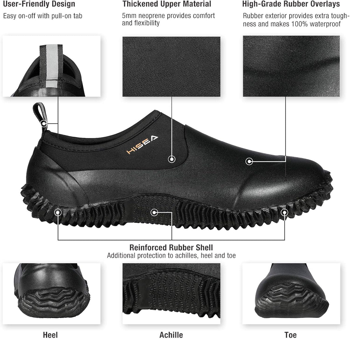 HISEA Unisex Waterproof Garden Shoes, Men's Rubber Rain Boots Women's Ankle Rain Shoes Neoprene Camp Booties Outdoor Slip-On Footwear for Gardening, Farming, Camping, Car Wash, Lawn Care and Yard Work