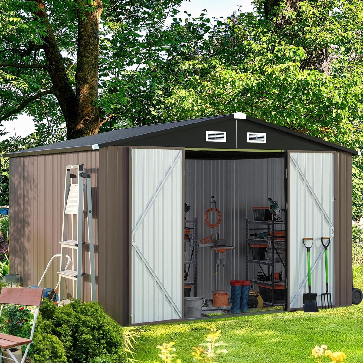 Aoxun 9.4x7.3x6.5 FT Outdoor Storage Shed, Garbage Can, Outdoor Metal Shed for Tool, Garden, Bike, Placed in Patio, Garden Brown Base Included