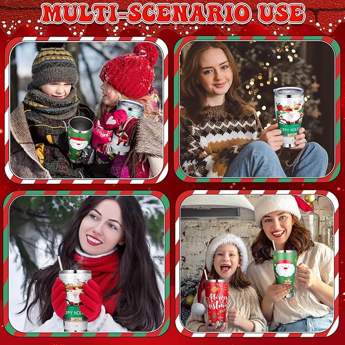 Mifoci 4 Pcs 30 oz Christmas Tumbler with Lid and Straw Stainless Steel Christmas Mug Double Insulated Cup Insulated Coffee Tumbler with Straw Brush for Holiday Coworkers Women Gifts(Style 2)
