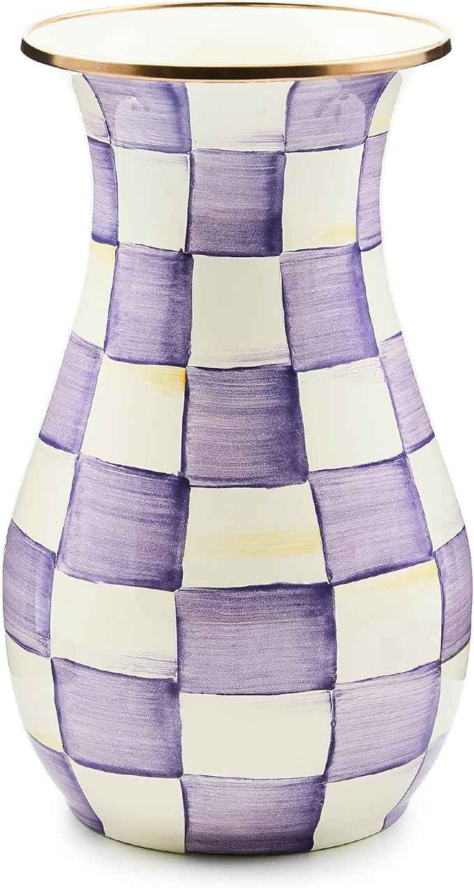 MACKENZIE-CHILDS Enamel Vase, Unique Flower-Vase Decor for Living Room, Tall, Purple-and-White Violet Check