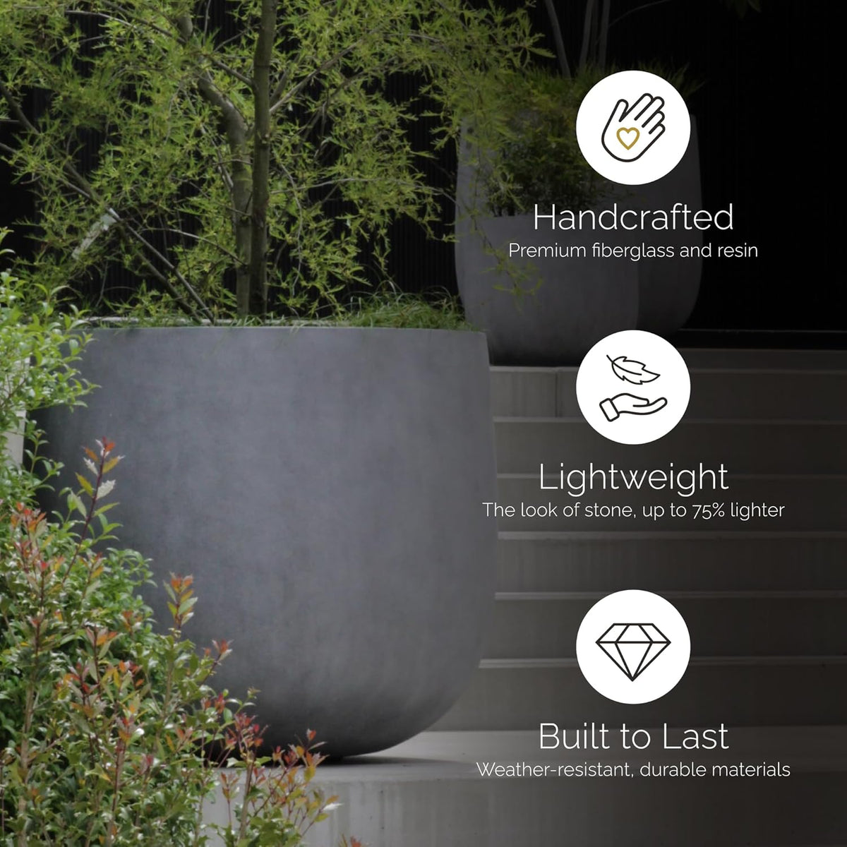 Mondo Large Planter – Grey Stone Finish – Fiberglass Indoor/Outdoor and Weather-Resistant Round Planter (26" D x 24.6" H Exterior, 24.6" D x 24" H Interior)