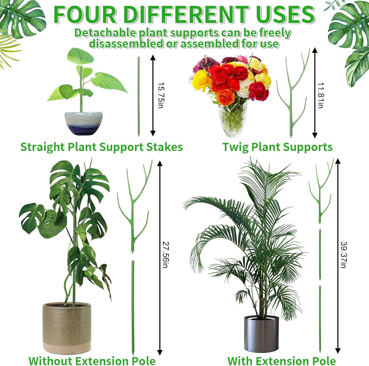 4 Pack 39.37" Detachable Twig Plant Support Stakes Set, Blends in to Plant, Branch Plant Sticks with Orchid Clips Twist Plant Ties, Twig Trellis for Indoor Outdoor Plants Potted Plants Flower