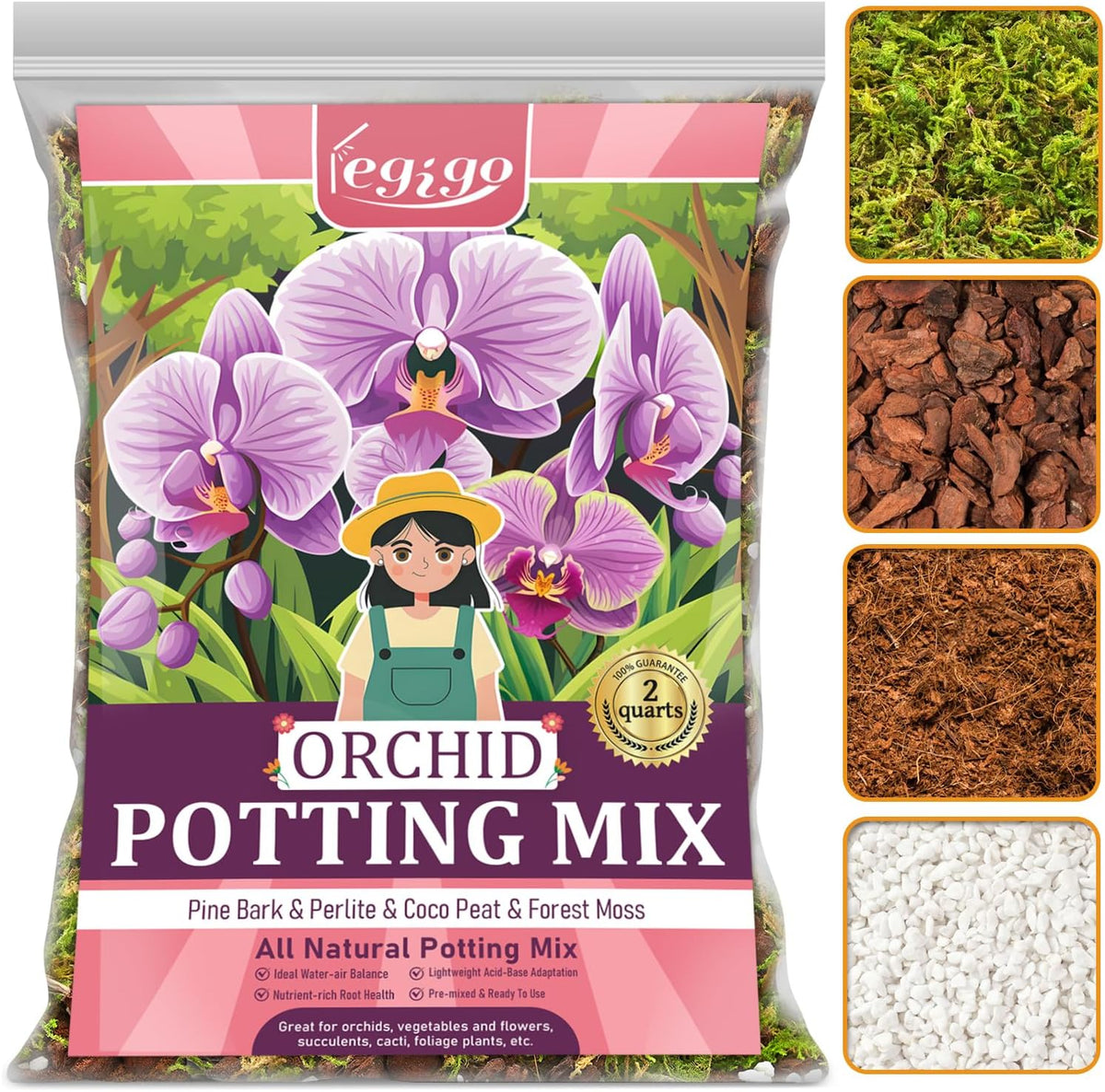 Legigo 2 QT Orchid Potting Mix- Natural Orchid Soil Mix for Repotting with Moss, Pine Bark, Coco Peat and Perlite, Enhanced Drainage Orchid Bark Potting Mix Repotting Kit for Indoor Plant Growth