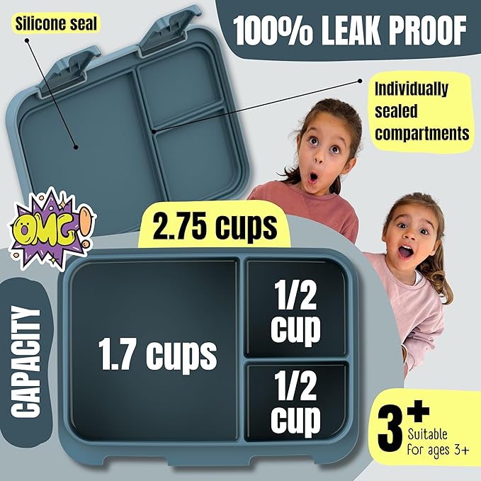 BEARFOOT Kids Lunch Box with Compartments – Compact & Lightweight | Leak-Proof, BPA-Free, Dishwasher & Microwave Safe | Hand-Drawn Design for Preschool, School, Travel (Sticker Blue, 2.75 Cups)