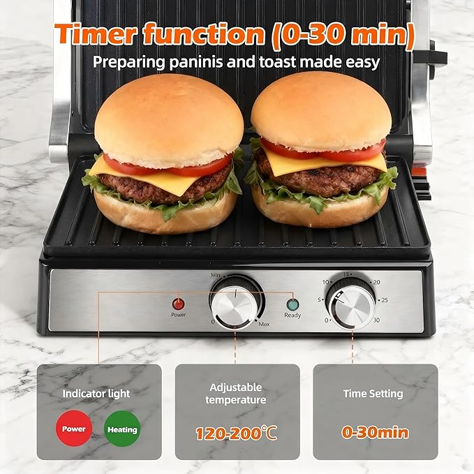 KEINVE 1600W Panini Press, Sandwich Maker with Temp & Time Setting, 4 Slice Large Non-stick Versatile Grill Press, Opens 180 Degrees to Fit Steak, Fish, Vegetable and More