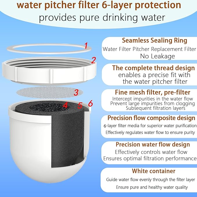 Water Filter Replacement for Clearly Filtered Pitcher, Reduces Fluoride Heavy Metals Chlorine, 100-Gallon, BPA-Free, 6-Pack
