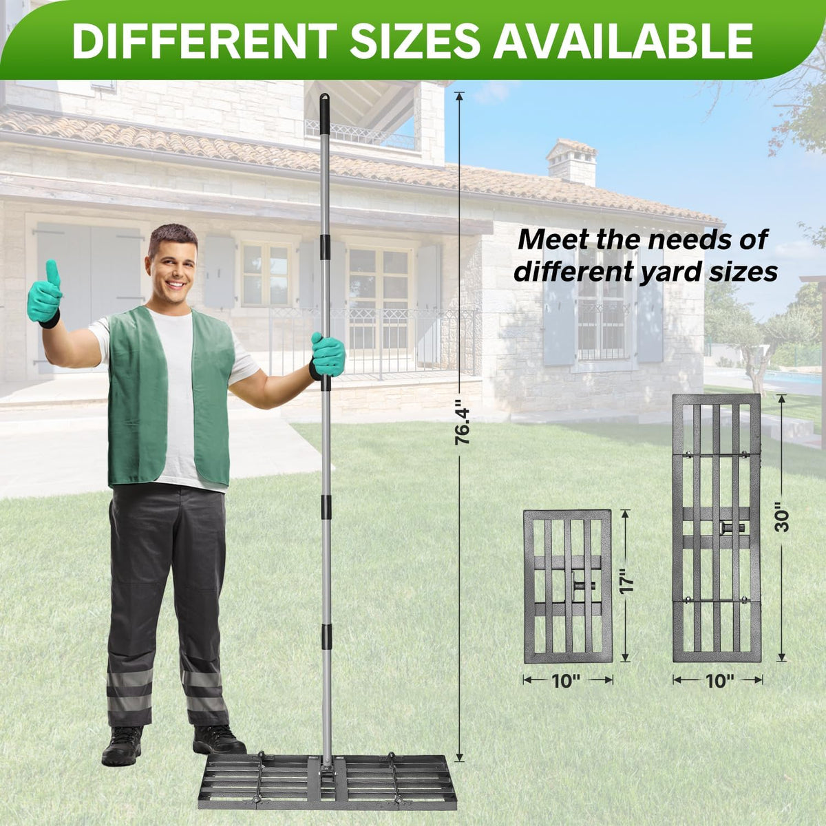 Lawn Leveling Rake, Lawn Leveler with Stainless Steel Long Handle, Heavy Duty Yard Level Tool for Leveling Soil, Sand Or Dirt Surfaces, Gardening Gloves Gift Included (30x10in)