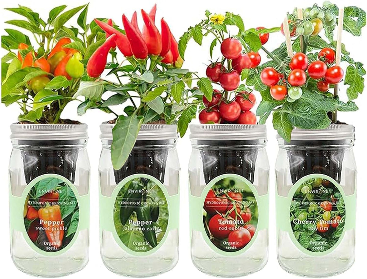 Hydroponic Herb Growing Kit Set, Self-Watering Mason Jar Herb Garden Starter Kit Indoor, Grow 4 Kinds of Herbs from Seeds (2 Tomato & 2 Pepper)