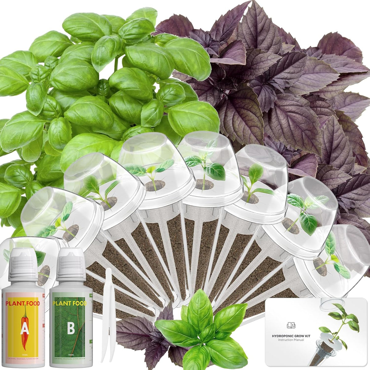 Hydroponics Seed Pod with Genovese Basil & Purple Basil, 8 Pods Complete Kit with Sponge, Basket, Dome, Label, Compatible with AeroGarden, Ahopegarden, GARDENCUBE, iDoo & MUFGA Indoor Smart Gardens