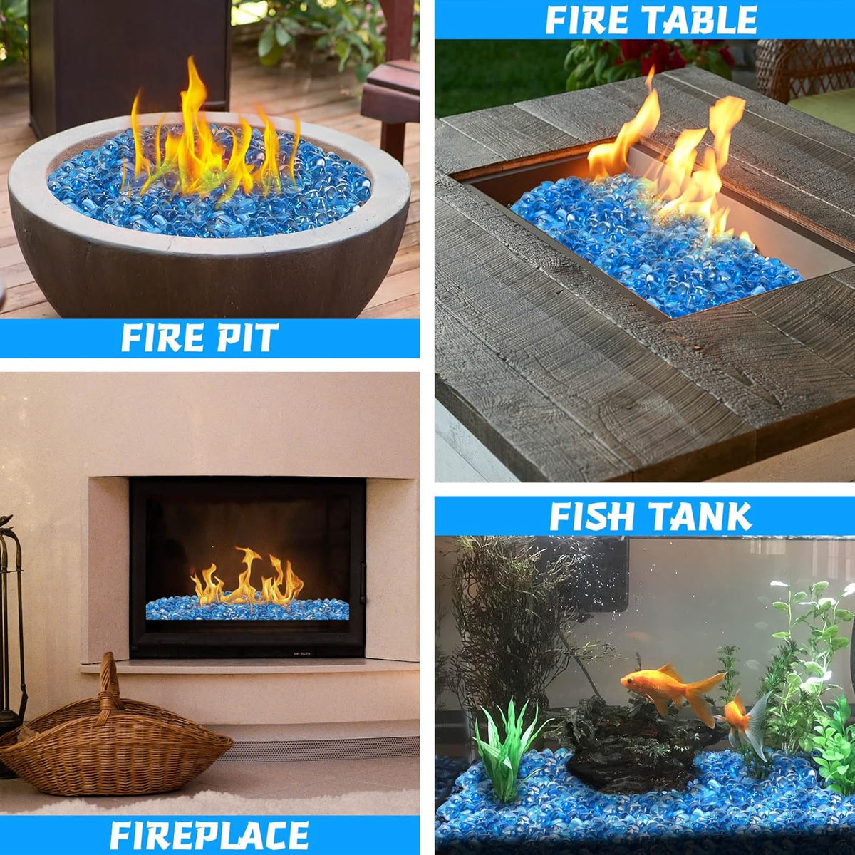 Caribbean Blue Firepit Glass Rocks 20 Pounds, 1 Inch Diamond Fire Stones for Propane Fire Pit, Fireplace and Outdoor Decorative, High Luster Glass Beads