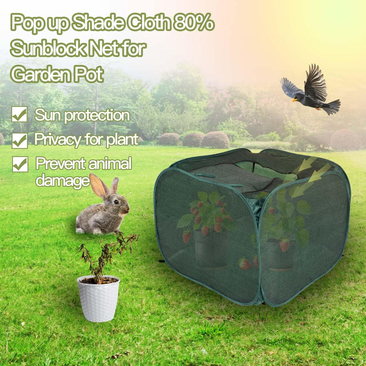 Porayhut Pop up Sunshade Cloth,Pack of 1,Easy Open Crop Shade Net UV Resisitant Plant 80% Sunblock Net for Plant Mini Flower Pot with Stakes