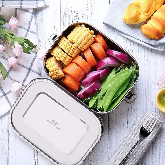 G.a HOMEFAVOR Stainless Steel Bento Lunch Box - Leak-Proof Metal Bento Box, Large Food Container with Lock Clips, Snack Container, Dishwasher Safe, 1400 ml/47 oz