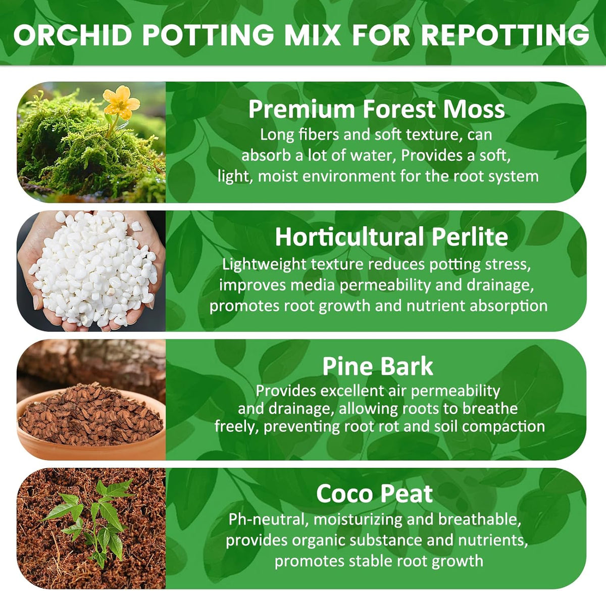Legigo 4 QT Orchid Potting Mix- Natural Orchid Soil Mix for Repotting with Moss, Pine Bark, Coco Peat and Perlite, Enhanced Drainage Orchid Bark Potting Mix Repotting Kit for Indoor Plant Growth