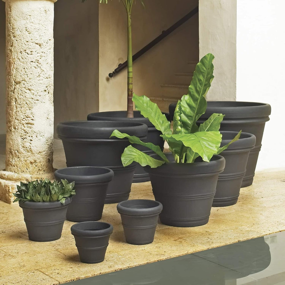 Crescent Garden Brunello Classic Rolled Rim Planter Pot, Indoor/Outdoor Weather-Safe Round Plant Pot, 14'' (Caviar Black)