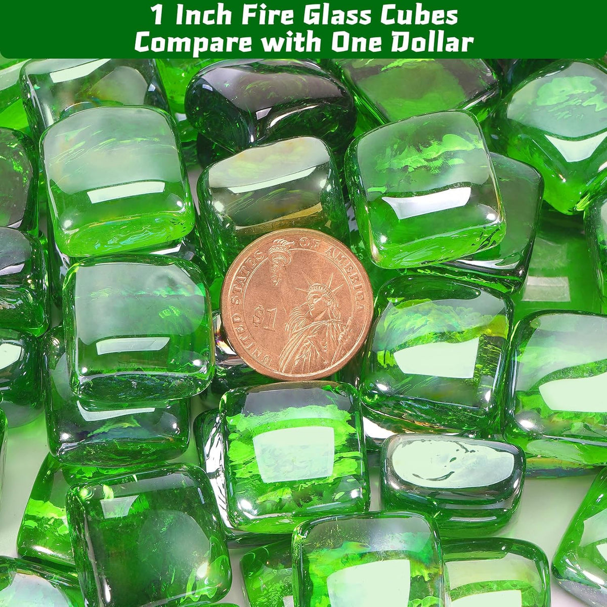 Fire Pit Glass Rocks Square, Fire Glass Cubes, Tempered Firepit Stones for Fireplace, Firepit Table Indoor or Outdoor, Replacing Traditional Burning Wood 10 pounds, Green Reflective