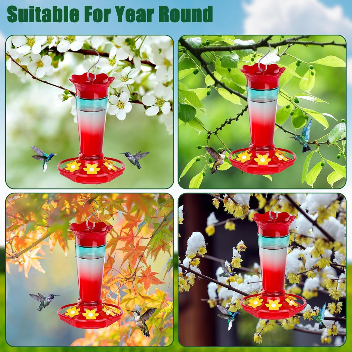 Glass Hummingbird Feeders for Outdoors Hanging Ant and Bee Proof Red & Blue 10OZ 2Pack Bird Feeders for Outside Hanging 6 Feeding Stations Bird Nectar Feeder for Garden Yard Décor Gift for Mom