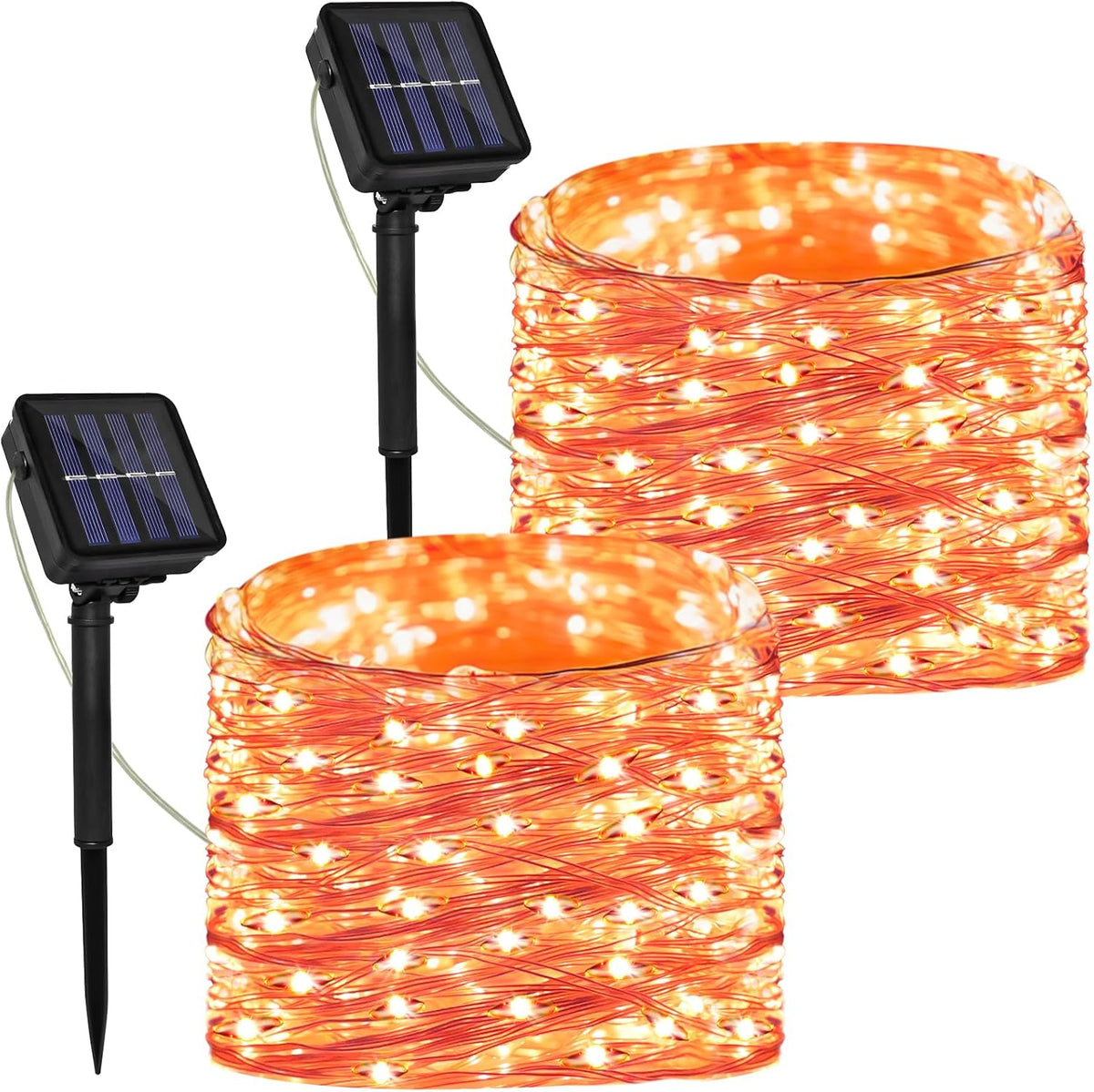 Solar Powered String Lights Outdoor, 2 Pack Total 200 LED 66FT Solar Powered Halloween Decorative Fairy Lights 8 Modes Black Wire for Halloween, Garden, Patio, Party, Yard, Christmas(Orange)