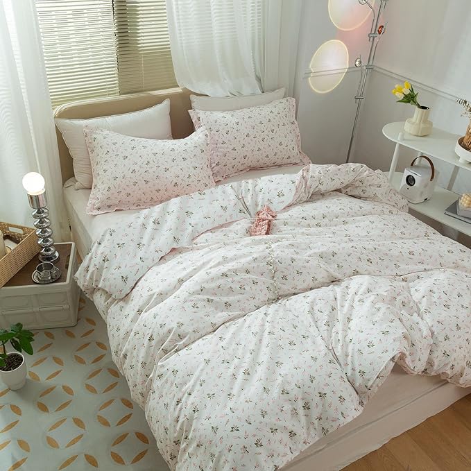Pink Floral Comforter Set King Size Vintage Boho Floral Bedding Comforter Garden Style Aesthetic Flowers Comforter Set Fluffy Soft Cottagecore Bedding Farmhouse Botanical Comforter with 2 Pillowcases