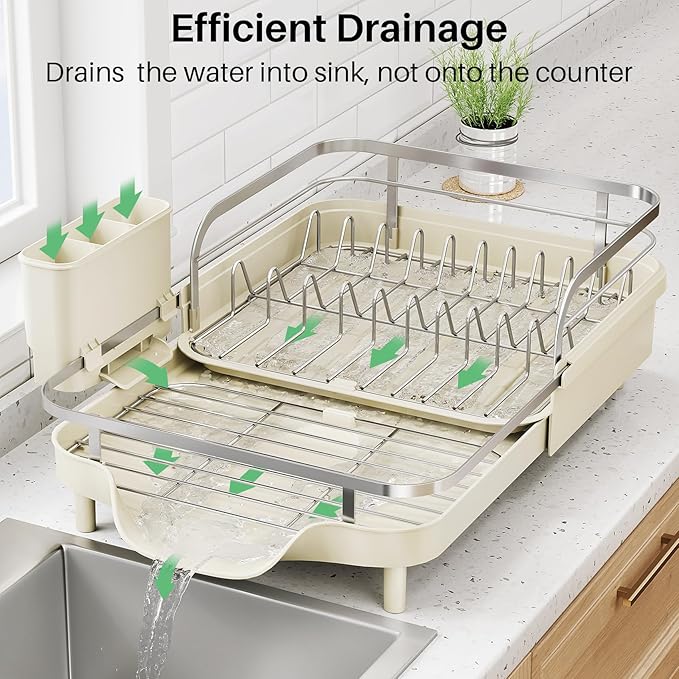 SNTD Dish Drying Rack, Expandable Dish Rack for Kitchen Counter, Stainless Steel Dish Drainer with Drainboard Set and Utensil Holder (Beige)