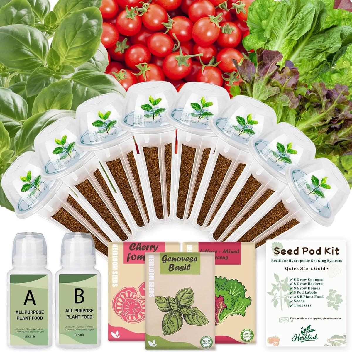Herb & Salad Seed Pods Kit - Hydroponic Refill Pod for All Indoor Garden, 8 Grow Pods with Seeds of Genovese Basil, Cherry Tomato and Mixed Greens, Compatible with All Hydroponics Growing Systems