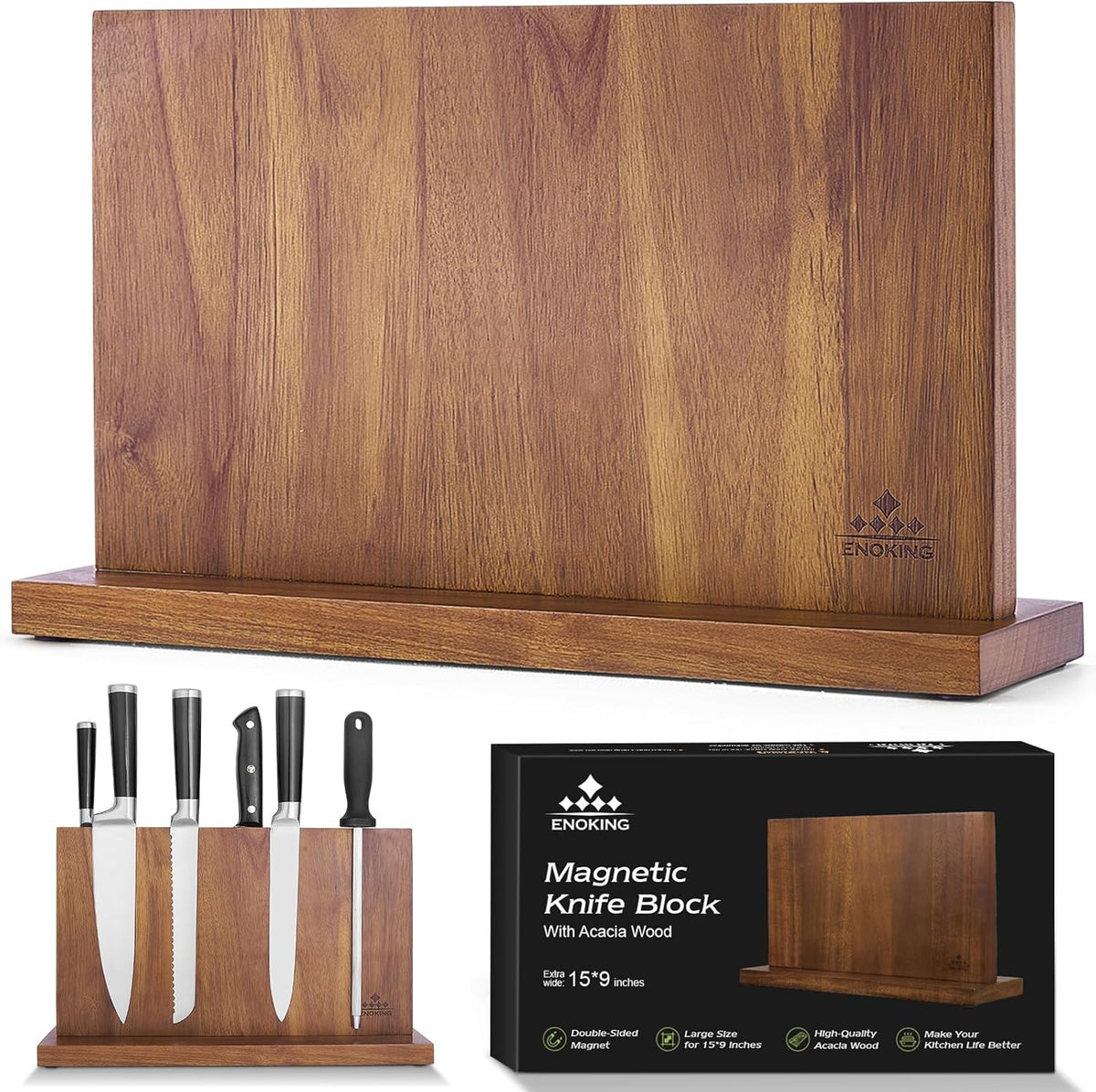 ENOKING Extra Large Magnetic Knife Block, 15.2-In Acacia Wood Knife Holder for Home Kitchen, Universal Knife Holder Stand with Strong Enhanced Magnets for Safe and Multifunctional Knife Storage