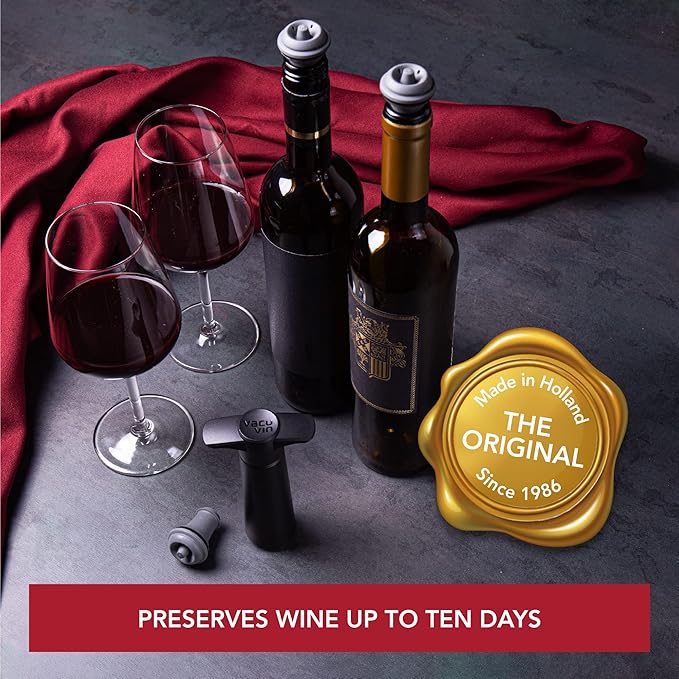 Vacu Vin Wine Saver Pump Red with Vacuum Wine Stopper - Keep Your Wine Fresh for up to 10 Days - 1 Pump 2 Stoppers - Reusable - Made in the Netherlands