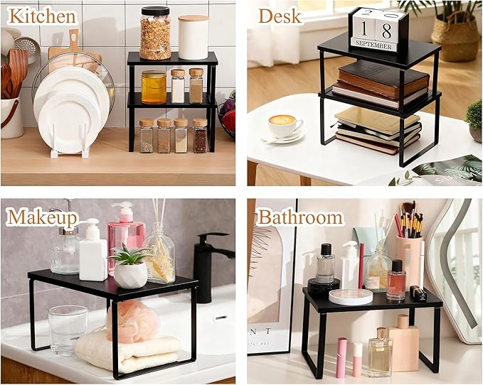 Marsui 4 Pcs Kitchen Organizer Accessories Set Cabinet Organizer Shelf and Bamboo Dish Drying Plate Rack Counter Shelves Storage Holder for Spice Rack, Dish, Pot Lid, Bowl, Cup (Black)