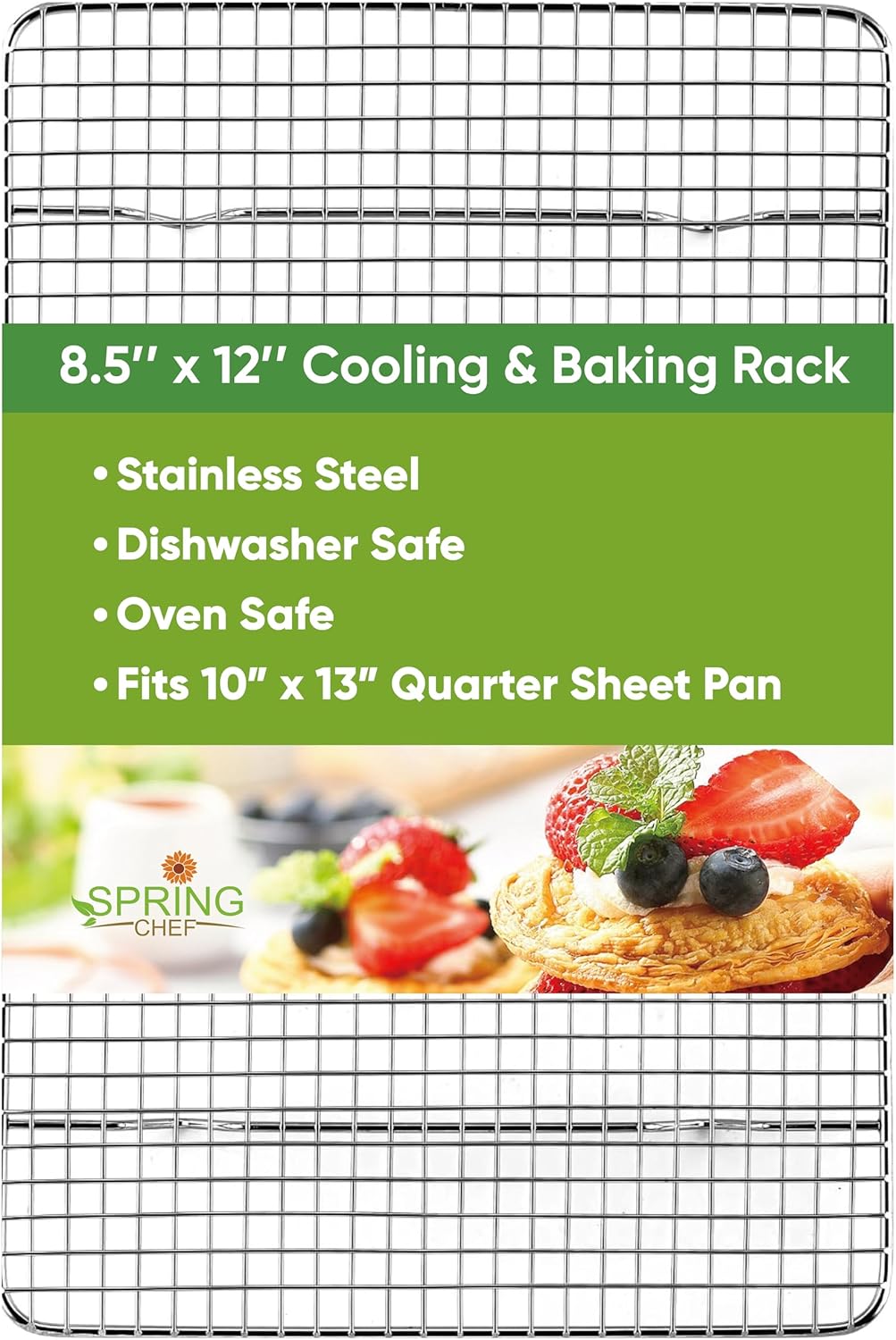 Spring Chef 8.5 x 12 Inch Stainless Steel Cooling Rack for Cooking and Baking - Oven Safe Cookie Cooling Rack - Fits Small Quarter Sheet Pan - Dishwasher Safe