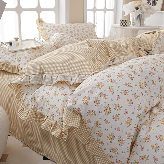 French Style Ruffle Floral Comforter Set Twin XL Vintage Garden Floral Bedding Comforter Reversible Yellow Plaid Bedding Set Rose Flowers Botanical Comforter Set with 2 Pillowcases for All Season