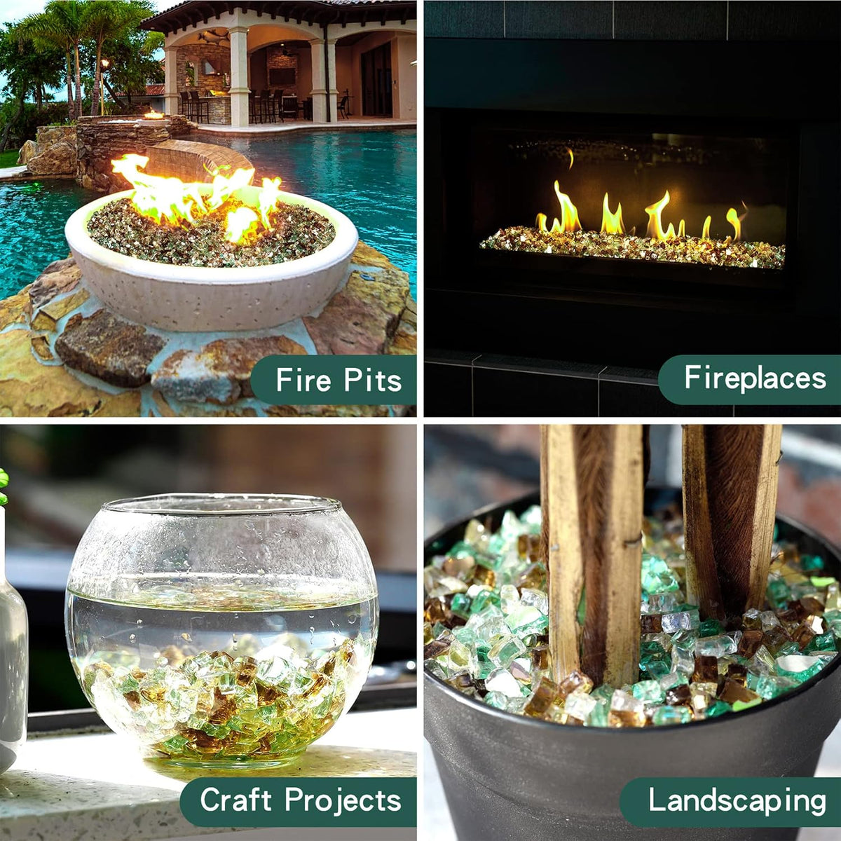 Mr. Fireglass Blended Reflective Fire Glass for Fire Pit Fireplace and Landscaping, 10 Pounds 1/4 Inch Mixed Colored High Luster Fireglass Rocks for Outdoor and Indoor Use Copper+Gold+Light Green