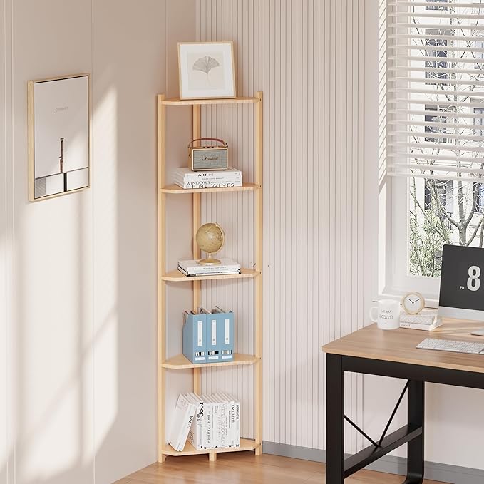 Wisuce Corner Shelf, 100% Real Bamboo Shower Corner Shelves Free Standing Shelf Storage Organizer for Bathroom Living Room Kitchen (Natural, 5 Tier)