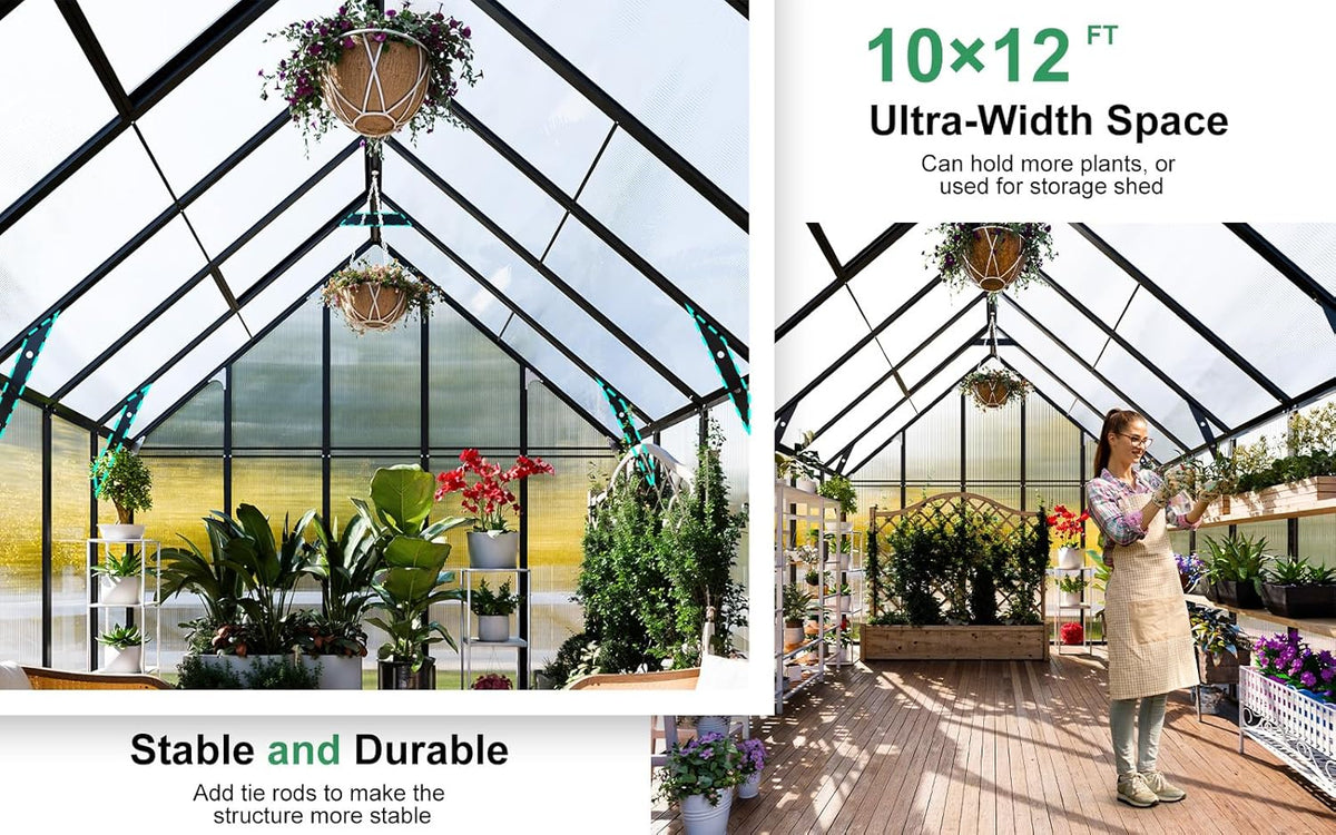 CDCASA 12.4x10.2x10 FT Greenhouse for Outdoors,Easy Assembly Large Polycarbonate Greenhouse Aluminum Heavy Duty Greenhouses w/2 Vents, Swing Door, Walk-in Green House for Patio, Backyard, Garden
