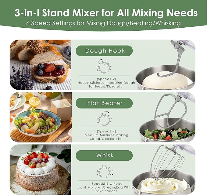 Kitchen in the box Stand Mixer - 6.5 Quart Mixing Bowl with Handle, 900 Watt Heavy Bread Dough Standing Mixers Tilt-head with Dough Hook, Whisk, Flat Beater and Splash Guard (Green)