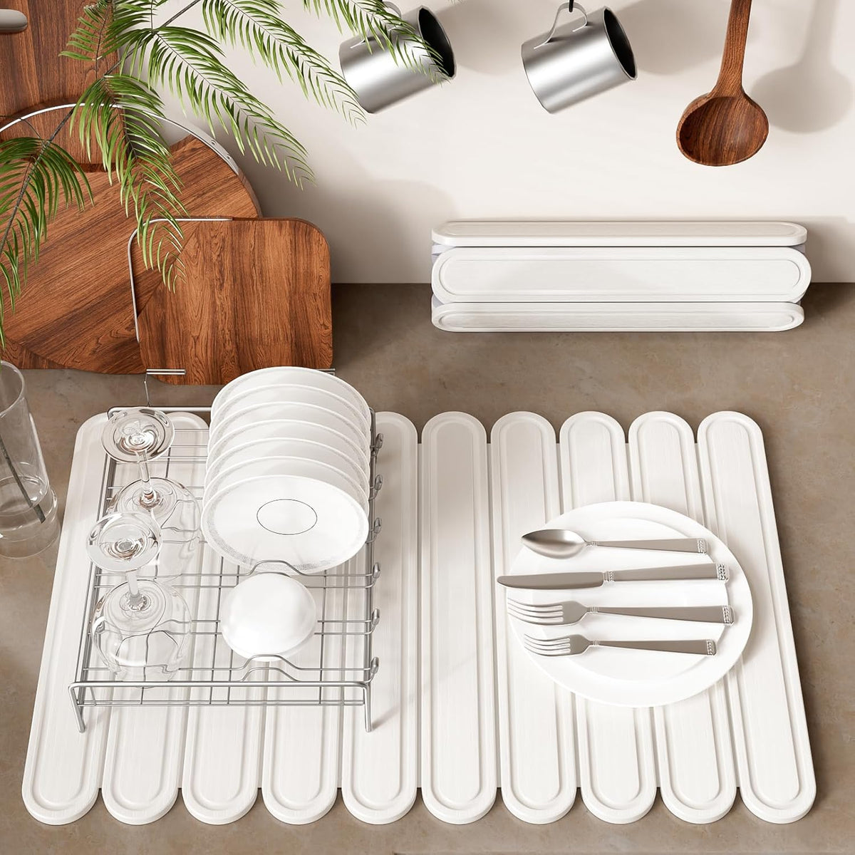 Stone Dish Drying Mat for Kitchen Counter, Quick Dry Stone Mat Kitchen for Dishes Bottles Cups, Large Foldable Diatomaceous Earth Dish Drying Mats Match Any Countertop, White