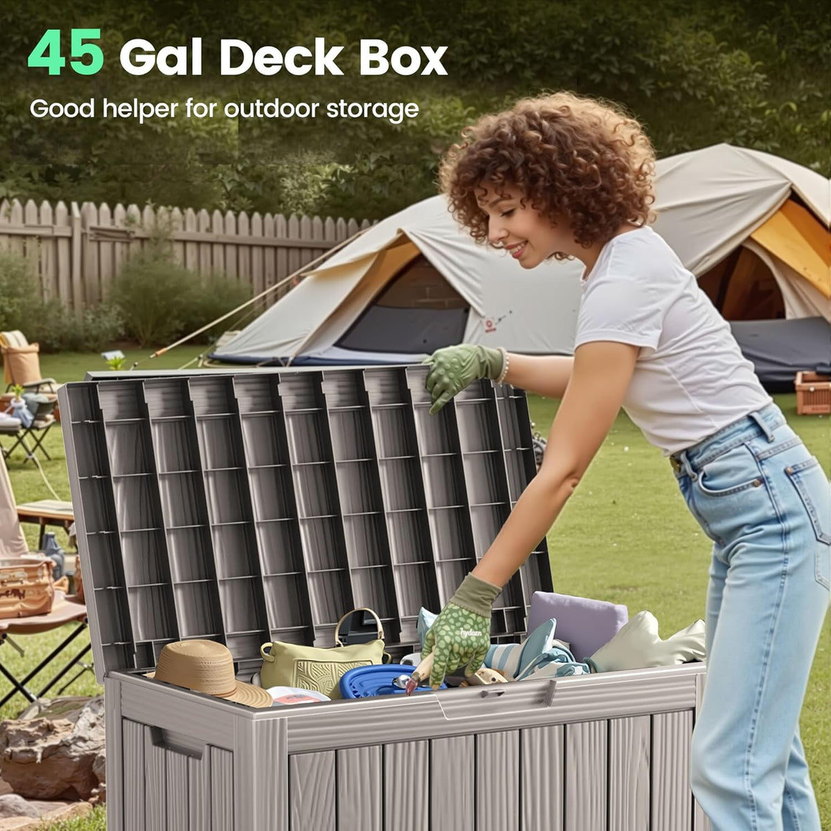 45 Outdoor Storage Box, Waterproof Resin Deck Box with Side Handles, Lockable Outdoor Bench for Indoor & Outdoor Use, Storage Bin for Patio Cushions, Garden Tools, Package Delivery, Grey