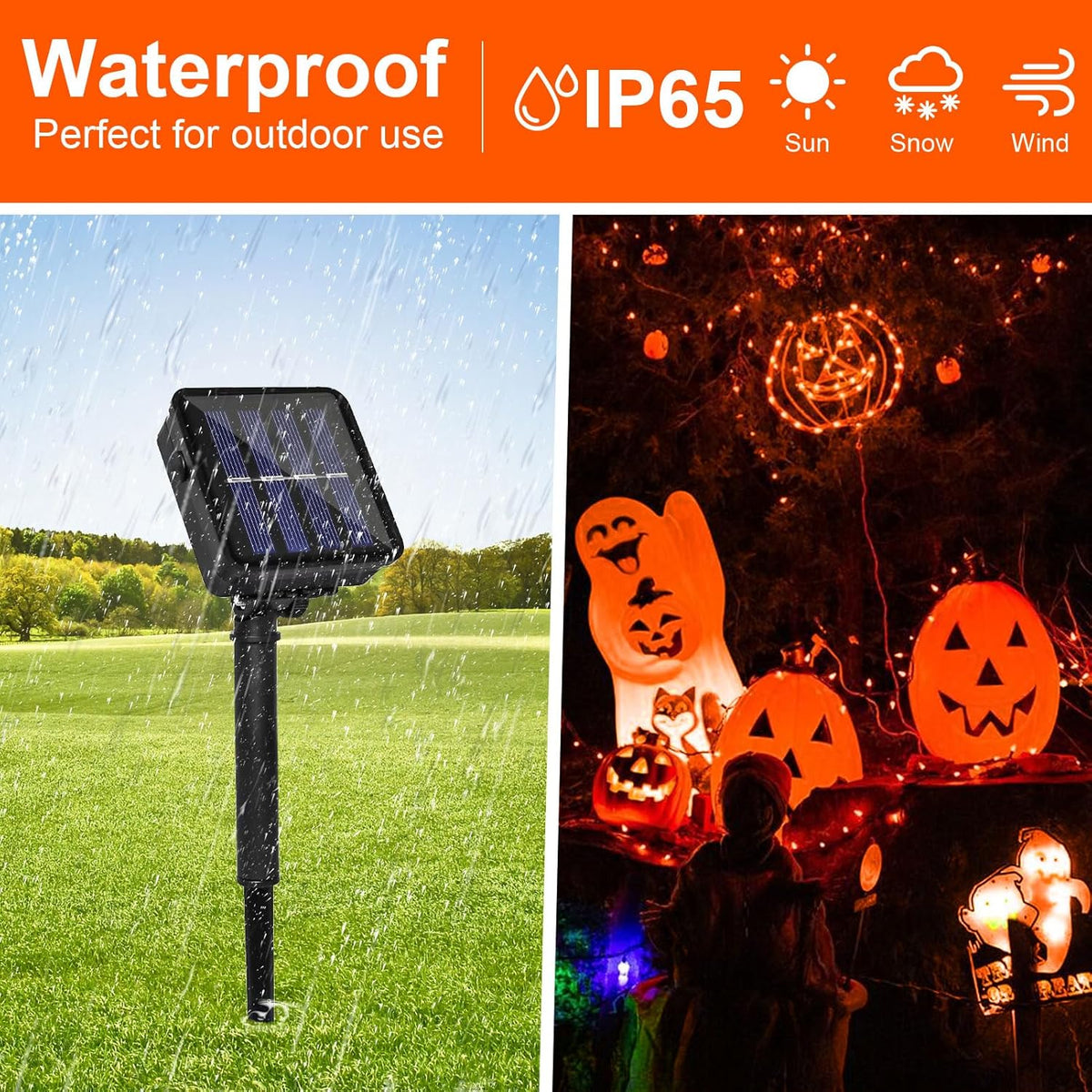 Solar Powered String Lights Outdoor, 2 Pack Total 200 LED 66FT Solar Powered Halloween Decorative Fairy Lights 8 Modes Black Wire for Halloween, Garden, Patio, Party, Yard, Christmas(Orange)