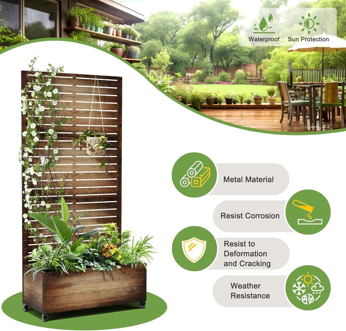 FENCY Metal Raised Garden Bed with Wheels and Trellis,73"x35"x16" Planter Box for Climbing Plants, Vegetables & Vines, Features Privacy Screen and Drainage Holes (Vintage Wood Color)