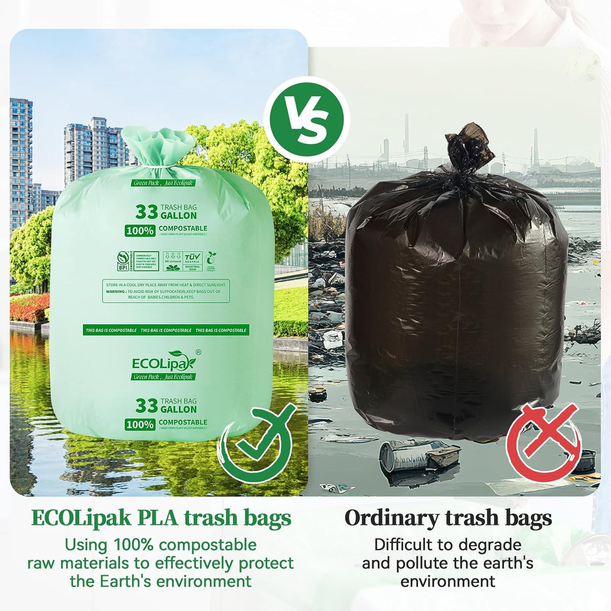 ECOLipak 33 Gallon Compostable Trash Garbage Bags, 50 Count (2 Rolls) Biodegradable Heavy Duty Large Outdoor Trash Bags for Lawn/Yard, US BPI ASTM D6400 and OK Compost Home Certified